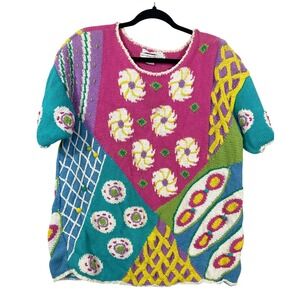 Vintage Jennifer Reed Too Women Knitted by Hand Colorful Patchwork Top 2X